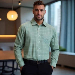 Men's Business Casual Plaid Long Sleeve Shirt Turndown Collar Single Breasted Top With Chest Pocket Daily Wear Shirts
