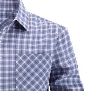 Men's blue and white checkered long sleeve shirt with classic collar and chest pocket