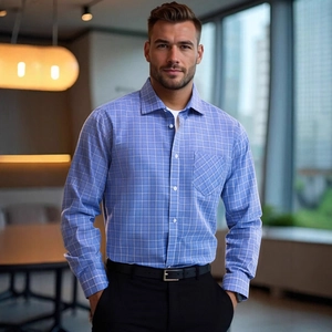 Classic light blue plaid long sleeve business casual shirt for men with pocket