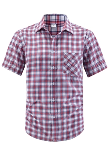 Detail of red and blue plaid shirt collar with US SIZE M label on inner neck