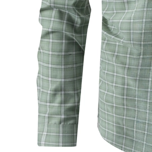 Men's light green plaid long sleeve business casual shirt with white grid pattern