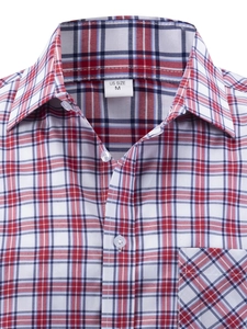 Detail of red and blue checkered cotton shirt showing chest pocket and white buttons