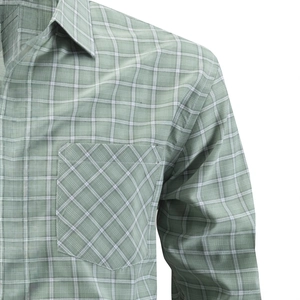 Men's light green plaid long sleeve button-down shirt with chest pocket and classic collar