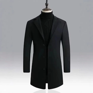 Classic men's black wool coat with notched lapels and single-breasted three-button closure