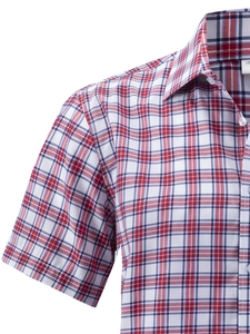 Close-up of red and blue checkered short sleeve shirt with classic collar and buttons