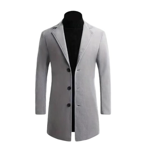 Men's slim fit mid-length light grey wool coat with notched lapel and three-button closure