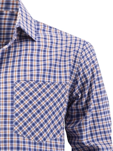 Detailed view of men's blue and orange plaid shirt with sharp collar and chest pocket