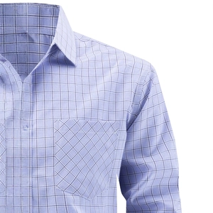 Men's light blue plaid business shirt with classic collar and detail chest pocket