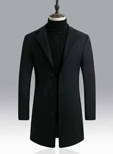 Classic black wool blend mid-length coat for men with a sleek three-button closure