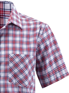 Close-up of the plaid short sleeve shirt with chest pocket and detailed fabric texture