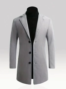 Mens light grey wool blend overcoat with notched lapels and classic three-button closure