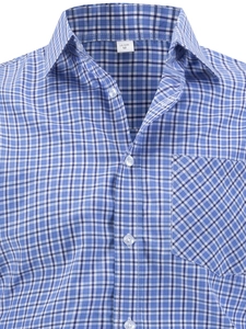 Detail of blue plaid business shirt with collar, white buttons and US size M tag