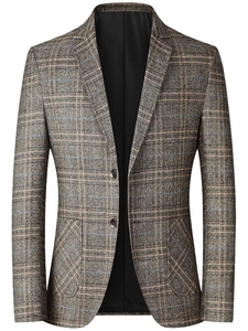 Detailed close-up of grey plaid texture on single-breasted casual men blazer jacket