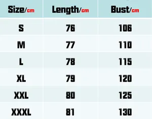 Detailed sizing chart with length and bust measurements for striped long sleeve shirts
