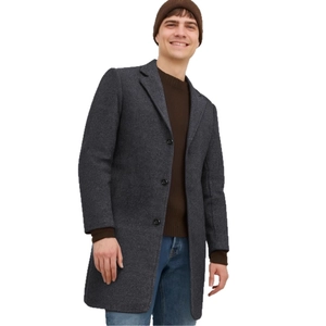 Men's slim-fit dark grey wool coat with notch lapels and classic button closure