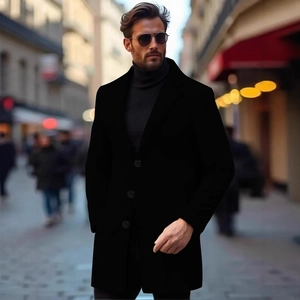 Cappotto lungo da uomo in lana nera dal taglio aderente con revers classici stile business
