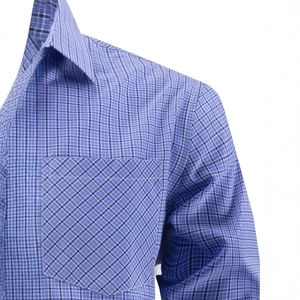 Classic blue plaid long sleeve dress shirt with a front pocket and button-down collar