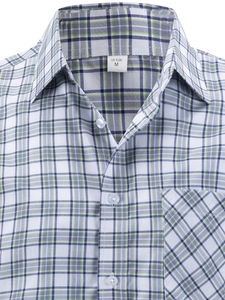 Detail of multi-color plaid shirt with collar, front pocket and white resin buttons