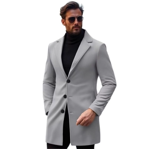 Cappotto da uomo slim in lana grigio chiaro con collo a revers e taglio di media lunghezza