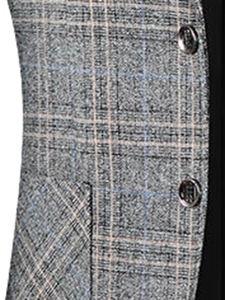 Close-up of gray plaid suit jacket with blue and orange stripes and dark buttons