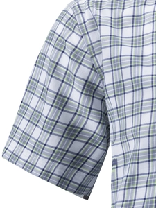 Close-up of the short sleeve cuff showing precise stitching on the plaid business shirt