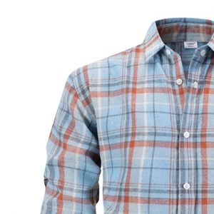 Classic blue and orange striped flannel long-sleeve shirt with a neat turndown collar