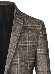 Detailed view of men's brown plaid blazer with wool texture and notched lapel