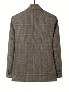 Detail view of the back of a brown plaid casual suit jacket with cuff buttons