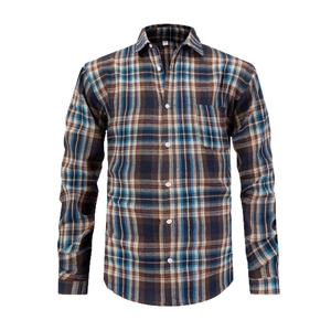 Men's outdoor plaid flannel long sleeve shirt in blue and brown with front pocket
