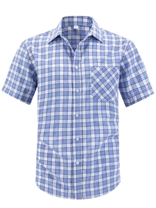 Classic men's blue and white plaid short sleeve shirt with button-down collar and pocket