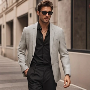Modern light grey slim fit men's business blazer with high quality textured wool blend fabric