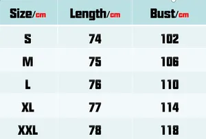 Detailed size chart for men's business blazer showing length and bust measurements