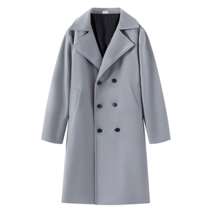Men's light grey double-breasted wool trench coat with classic lapels and black buttons