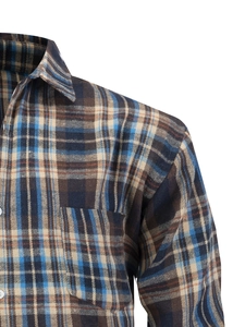 Detail of classic plaid flannel shirt collar and chest pocket with precise stitching