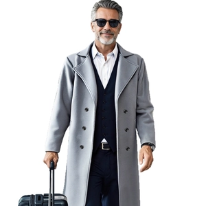 Men's double-breasted grey wool trench coat in slim fit design for professional business travel