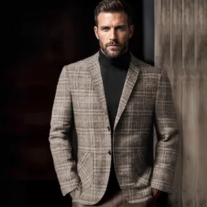 Men's Casual Plaid Blazer Slim Fit Linen Blend Single Breasted Suit Jacket For Business Office Banquet Daily Wear Coat