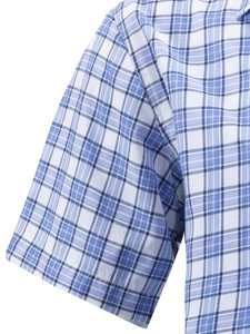 Detailed view of the shoulder stitching and blue plaid pattern on the short sleeve shirt