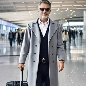 Men's double-breasted wool trench coat in light grey, elegant slim-fit business style