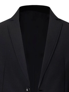 Close-up of black suit jacket featuring classic notch lapel and fine textured fabric
