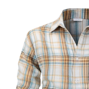 Men's outdoor casual flannel shirt with classic blue and ginger striped plaid pattern
