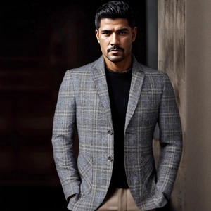 Men's grey plaid casual blazer jacket with a tailored slim fit for business and daily wear