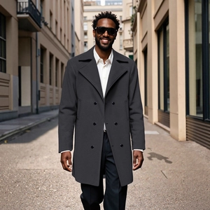 Men's double-breasted dark grey wool blend trench coat with classic lapel in urban street style