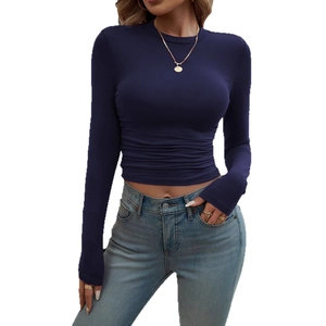 Slim fit long sleeve navy blue crew neck crop top with waist pleated details for women