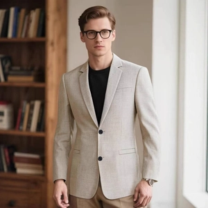 Men's slim-fit casual blazer in light gray knit fabric with a classic two-button design