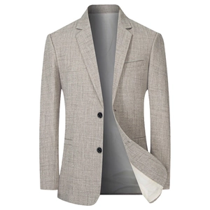 Blazer décontracté pour homme en lin marron clair avec revers cranté et deux boutons