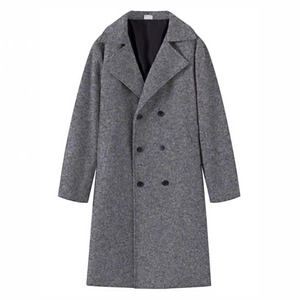 Mid-length gray double-breasted wool trench coat for men with a classic lapel collar