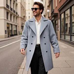 Men Mid Length Double Breasted Overcoat Polyester Woolen Style Trench Coat Slim Fit Lapel Outerwear Winter Business Casual Jackets For Men