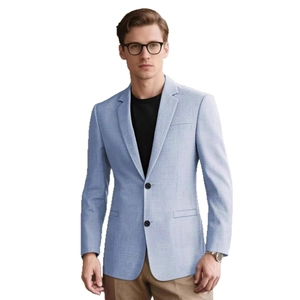 Mens light blue casual blazer jacket in textured fabric with stylish two-button design