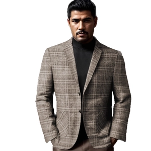 Men's brown plaid blazer jacket with notched lapel and single breasted button design