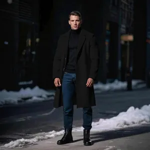 Men's Slim Fit Mid-Long Trench Coat Classic Single Breasted Overcoat Notched Lapel Business Leisure Solid Color Woolen Coat